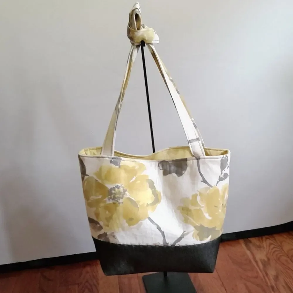 Handcrafted Fabric Purse Cream Artisan Carryall Tote Floral Denim Shoulder Bag